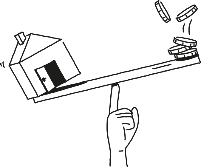 Tegning af en hånd, der balancerer et hus og en stak mønter på en vippe Tegning af en hånd, der balancerer et hus og en stak mønter på en vippe